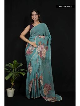 Isadora Life - Green Georgette Floral Pearl Border Saree With Unstitched Blouse
