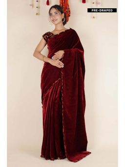 Isadora Life - Womens Solid Gota Maroon Pre-Draped Saree with Unstitched Blouse