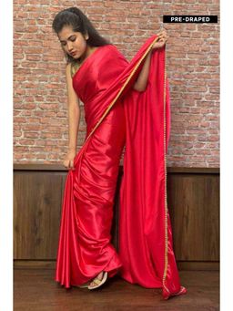 Isadora Life - Womens Solid Embroidered Red Pre-Draped Saree with Unstitched Blouse