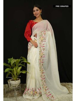 Isadora Life - Womens Embroidered Thread Work White Pre-Draped Saree with Unstitched Blouse