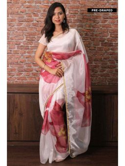 Isadora Life - Womens Floral Beads White Pre-Draped Saree with Unstitched Blouse