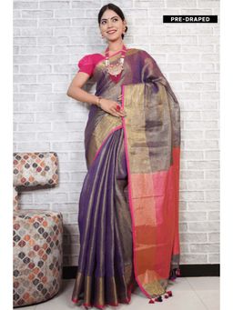 Isadora Life - Womens Solid Tassels Blue Pre-Draped Saree with Unstitched Blouse