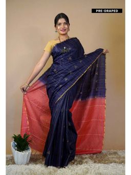 Isadora Life - Womens Stripes Tassels Navy Blue Pre-Draped Saree with Unstitched Blouse
