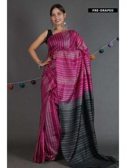 Isadora Life - Womens Stripes Embroidered Purple Pre-Draped Saree with Unstitched Blouse