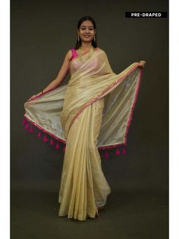 Isadora Life - Womens Solid Tassels Beige Pre-Draped Saree with Unstitched Blouse