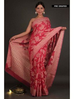 Isadora Life - Womens Floral Woven Pink Pre-Draped Saree with Unstitched Blouse