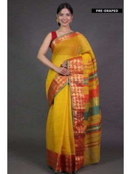 Isadora Life - Womens Woven Zari Yellow Pre-Draped Saree with Unstitched Blouse