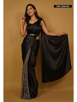 Isadora Life - Womens Animal Printed Black Pre-Draped Saree with Unstitched Blouse