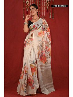 Isadora Life - Womens Floral Printed Off White Pre-Draped Saree with Unstitched Blouse