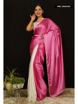 Isadora Life - Womens Solid Lace Work Pink Pre-Draped Saree with Unstitched Blouse