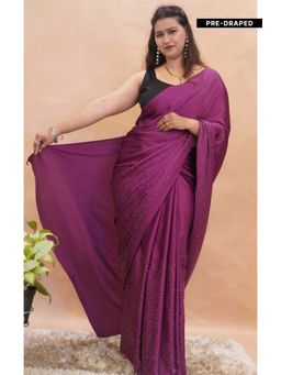 Isadora Life - Womens Beads Sequined Purple Pre-Draped Saree with Unstitched Blouse