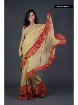 Isadora Life - Womens Solid Embroidered Beige Pre-Draped Saree with Unstitched Blouse