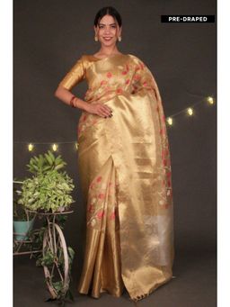 Isadora Life - Womens Floral Woven Gold Pre-Draped Saree with Unstitched Blouse
