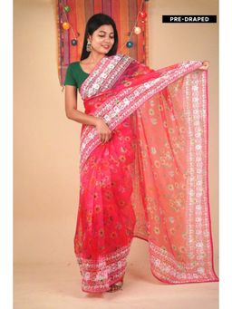 Isadora Life - Womens Floral Embroidered Pink Pre-Draped Saree with Unstitched Blouse