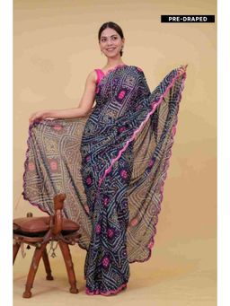 Isadora Life - Womens Bandhani Printed Navy Blue Pre-Draped Saree with Unstitched Blouse