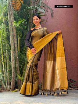 Isadora Life - Womens Solid Tassels Brown Pre-Draped Saree with Unstitched Blouse