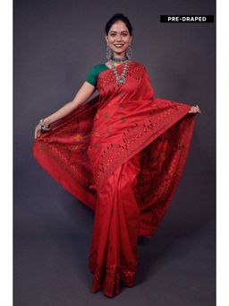 Isadora Life - Womens Embroidered Thread Work Red Pre-Draped Saree with Unstitched Blouse