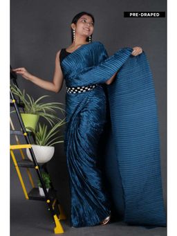 Isadora Life - Womens Pleated Plain Blue Pre-Draped Saree with Unstitched Blouse