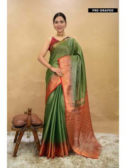 Isadora Life - Womens Woven Zari Green Pre-Draped Saree with Unstitched Blouse