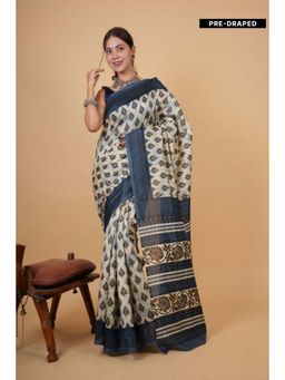 Isadora Life - Womens Block Print Off White Pre-Draped Saree with Unstitched Blouse