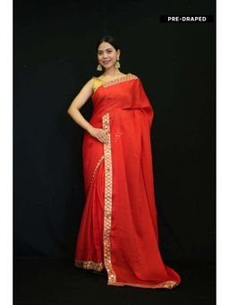 Isadora Life - Womens Solid Mirror Work Red Pre-Draped Saree with Unstitched Blouse