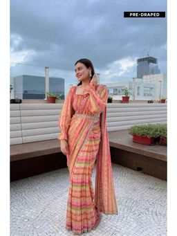 Isadora Life - Womens Stripes Tassels Multi-Color Pre-Draped Saree with Unstitched Blouse