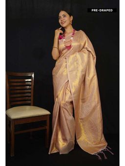 Isadora Life - Womens Woven Zari Gold Pre-Draped Saree with Unstitched Blouse