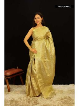 Isadora Life - Womens Woven Zari Gold Pre-Draped Saree with Unstitched Blouse