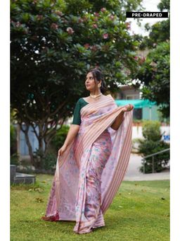 Isadora Life - Womens Floral Zari Pink Pre-Draped Saree with Unstitched Blouse