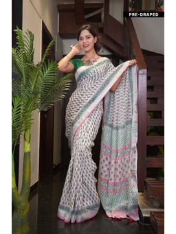 Isadora Life - Womens Block Print Off White Pre-Draped Saree with Unstitched Blouse