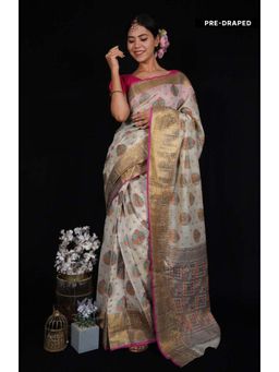 Isadora Life - Womens Woven Zari White Pre-Draped Saree with Unstitched Blouse