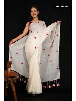 Isadora Life - Womens Embroidered Tassels White Pre-Draped Saree with Unstitched Blouse