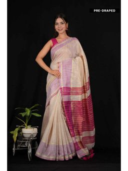 Isadora Life - Womens Woven Tassels Beige Pre-Draped Saree with Unstitched Blouse