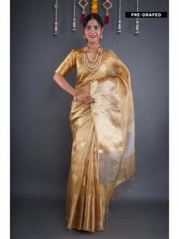 Isadora Life - Womens Woven Zari Gold Pre-Draped Saree with Unstitched Blouse