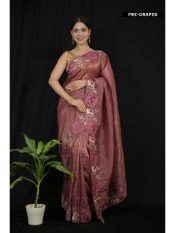 Isadora Life - Womens Floral Embroidered Brown Pre-Draped Saree with Unstitched Blouse