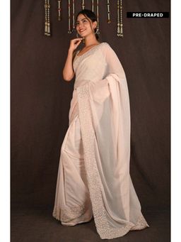 Isadora Life - Womens Sequined Embroidered Beige Pre-Draped Saree with Unstitched Blouse