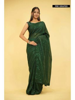 Isadora Life - Womens Sequined Green Pre-Draped Saree with Unstitched Blouse