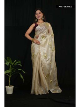 Isadora Life - Womens Sequined Ivory Pre-Draped Saree with Unstitched Blouse