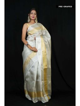 Isadora Life - Womens Woven Zari Off White Pre-Draped Saree with Unstitched Blouse