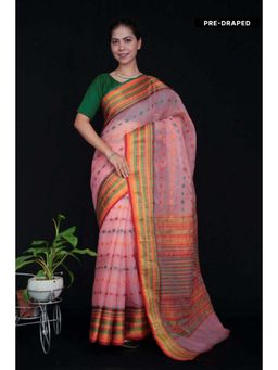 Isadora Life - Womens Woven Zari Pink Pre-Draped Saree with Unstitched Blouse