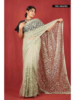 Isadora Life - Womens Sequined Embroidered Green Pre-Draped Saree with Unstitched Blouse