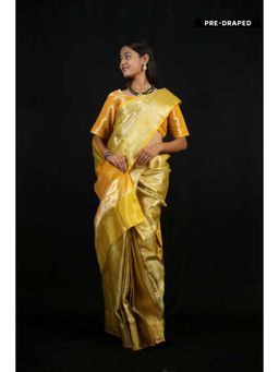 Isadora Life - Womens Woven Zari Yellow Pre-Draped Saree with Unstitched Blouse