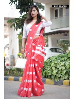 Isadora Life - Womens Polka Dots Printed Red Pre-Draped Saree with Unstitched Blouse