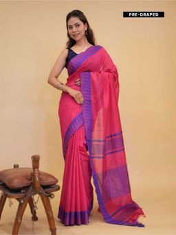 Isadora Life - Womens Woven Tassels Pink Pre-Draped Saree with Unstitched Blouse