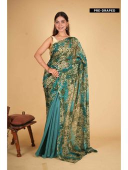 Isadora Life - Womens Floral Printed Green Pre-Draped Saree with Unstitched Blouse