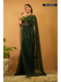 Isadora Life - Womens Solid Green Pre-Draped Saree with Unstitched Blouse