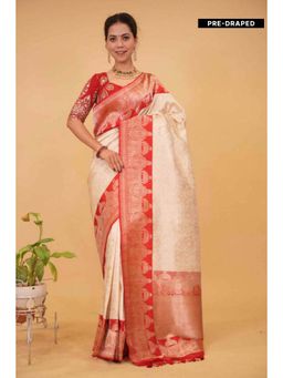 Isadora Life - Womens Woven Zari Ivory Pre-Draped Saree with Unstitched Blouse