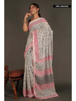 Isadora Life - Womens Printed Tassels White Pre-Draped Saree with Unstitched Blouse