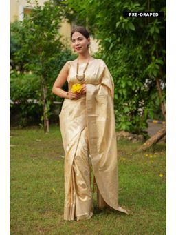 Isadora Life - Womens Woven Zari Beige Pre-Draped Saree with Unstitched Blouse