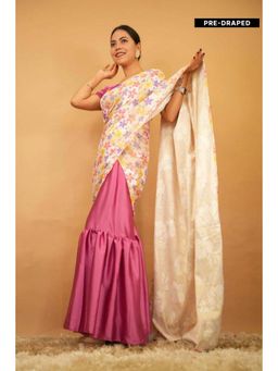 Isadora Life - Womens Floral Printed Pink Pre-Draped Saree with Unstitched Blouse